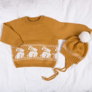 Stickat set Kanin-tröja och mössa – garnpaket i Bluum Pure Eco Baby Wool